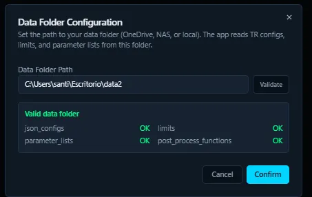 Clever_PO Data Folder configuration modal — engineering-owned TR configs, limits, parameter lists and post-process functions validated at startup