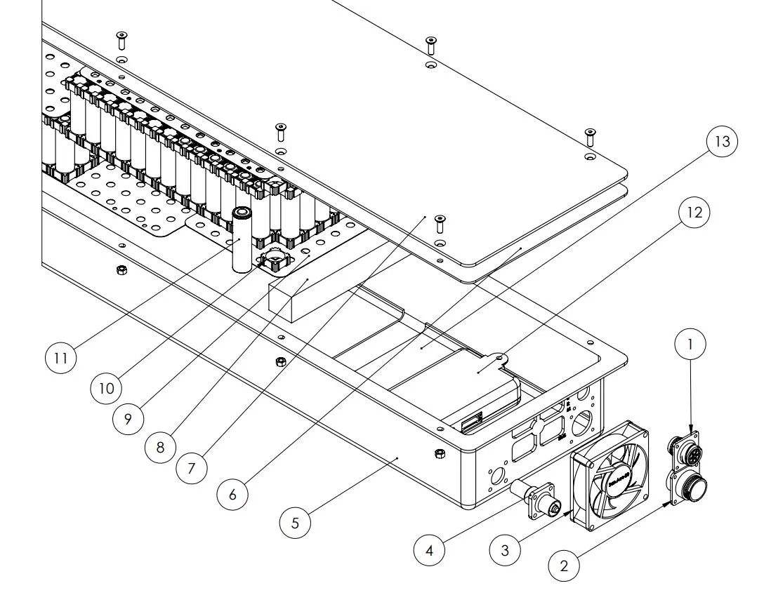 CAD overview of the second-generation pack split into two longitudinal volumes.