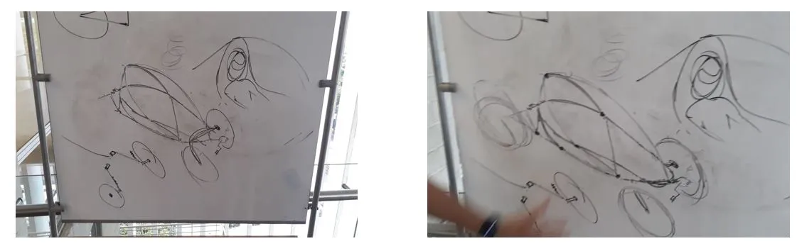 Detail sketch fixing the seating position, wheel geometry and rider ergonomics.