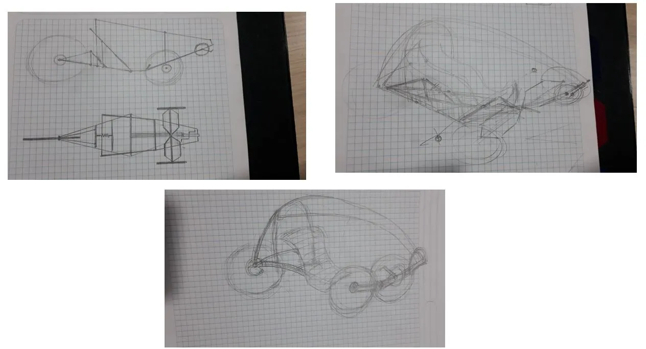 Hand sketches exploring the chassis geometry options before committing to the central-tube layout.