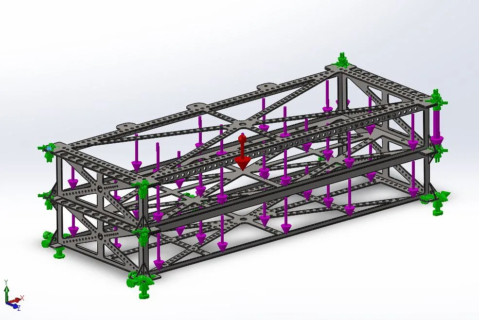 SolidWorks FEA setup showing the load case applied to the 1020-steel case.