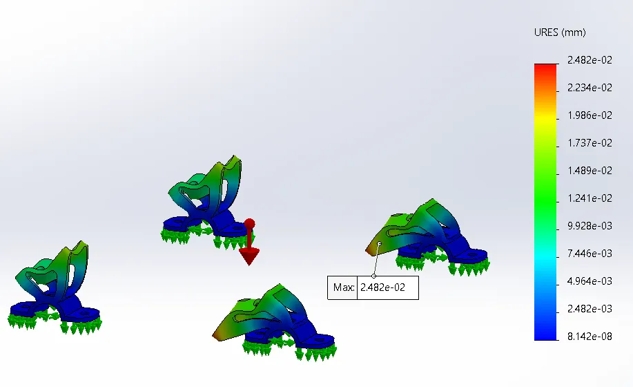 Static displacement field on the bracket assembly under the 5G frontal-impact load case (peak 0.024 mm).