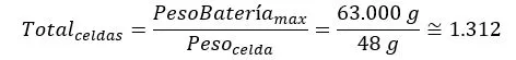 Equation 1 — maximum cell count from the cruiser-class mass cap divided by the per-cell mass of the Panasonic NCR18650GA.