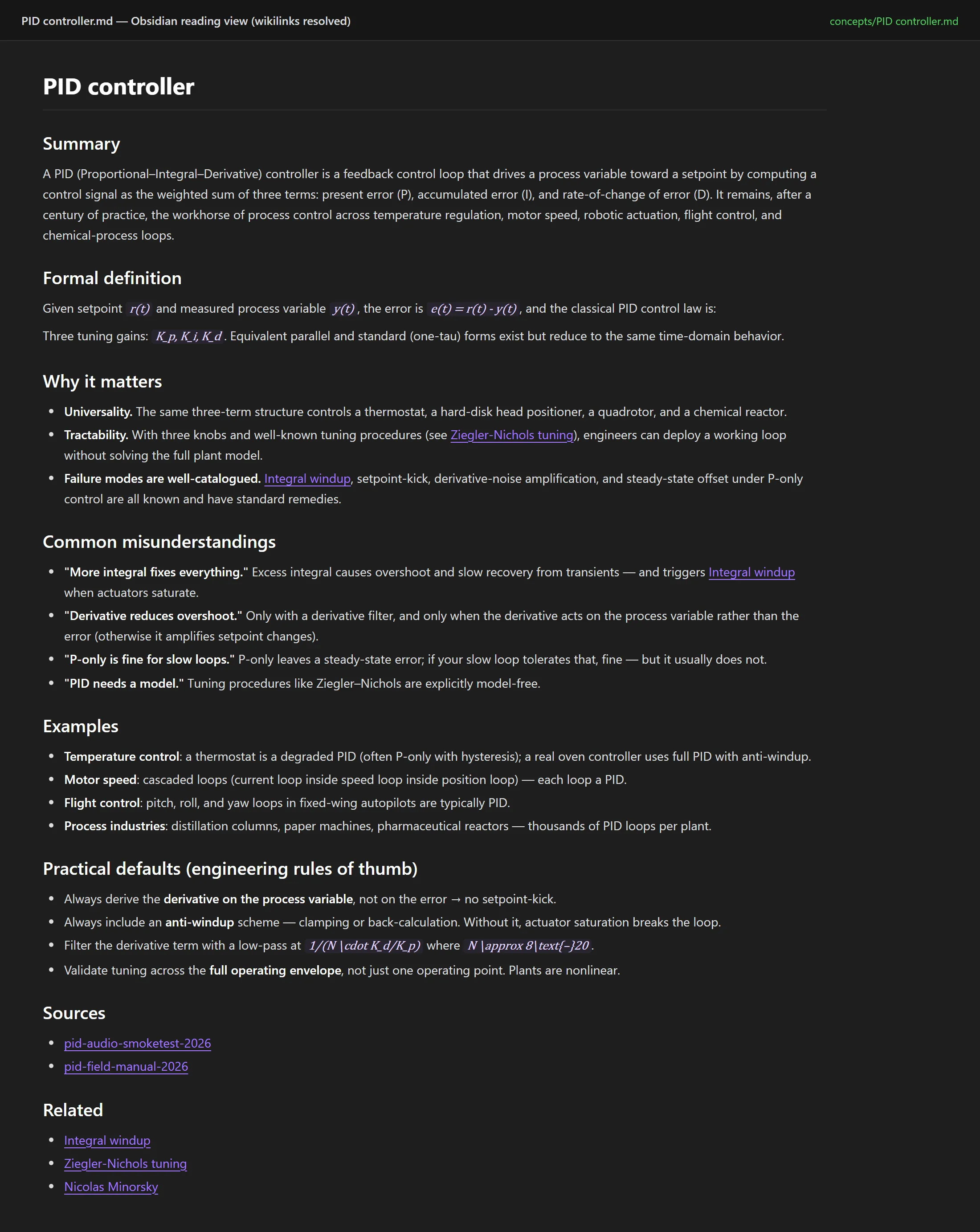 PID controller entity page rendered in Obsidian-style reading view — wikilinks ([[Integral windup]], [[Ziegler-Nichols tuning]], etc.) shown as resolved purple links to sibling entity pages, with inline math and frontmatter hidden.