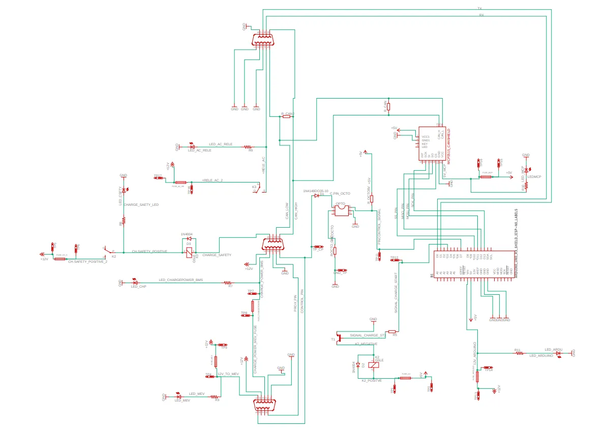 Control PCB schematic with the optocoupler, relay bank, indicator LEDs and overcurrent protections.