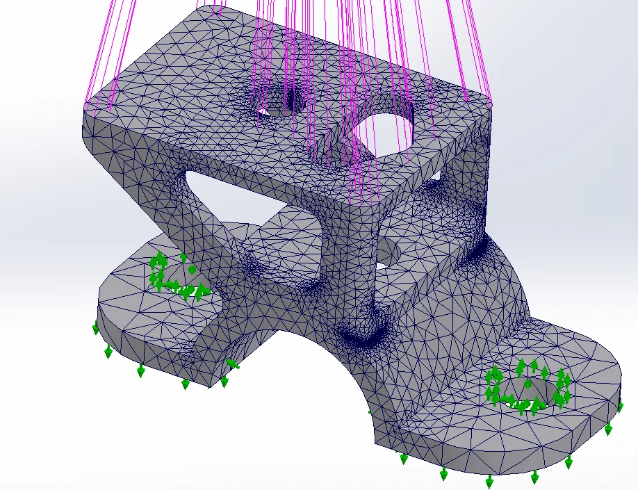 Adaptive H-method FEA result confirming the 35 MPa peak Von Mises stress at the high-stress region.