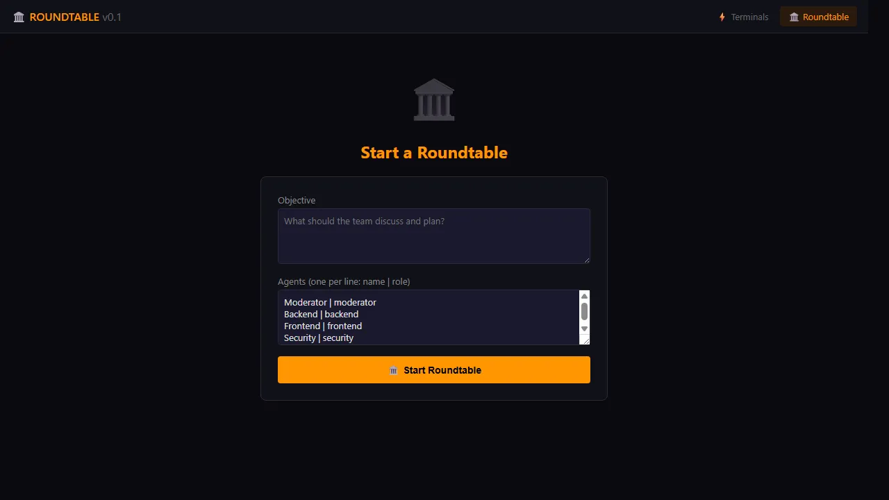 Roundtable mode in action — the multi-pane web UI with each participant agent's terminal beside the moderator's chat bar, mid-discussion.