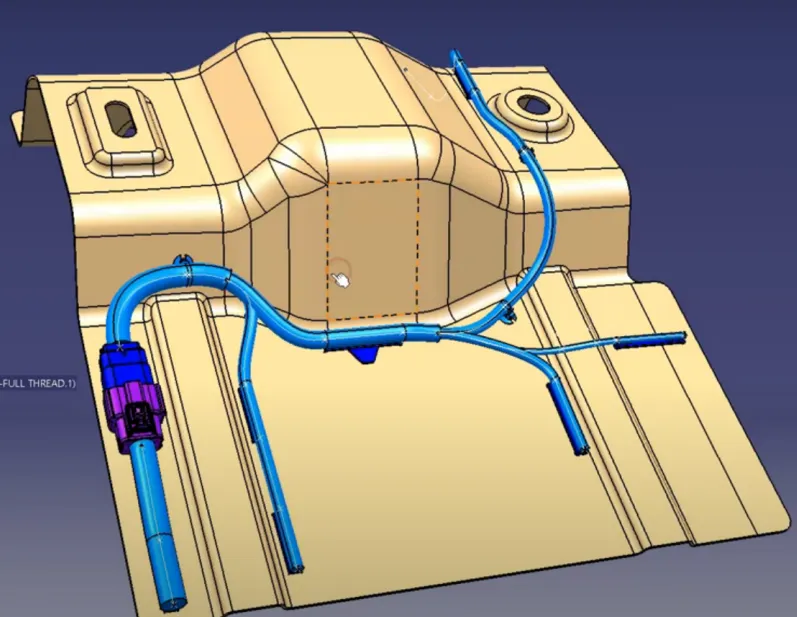 Routing step — cable paths follow the packaged components and respect the design-rule envelope.
