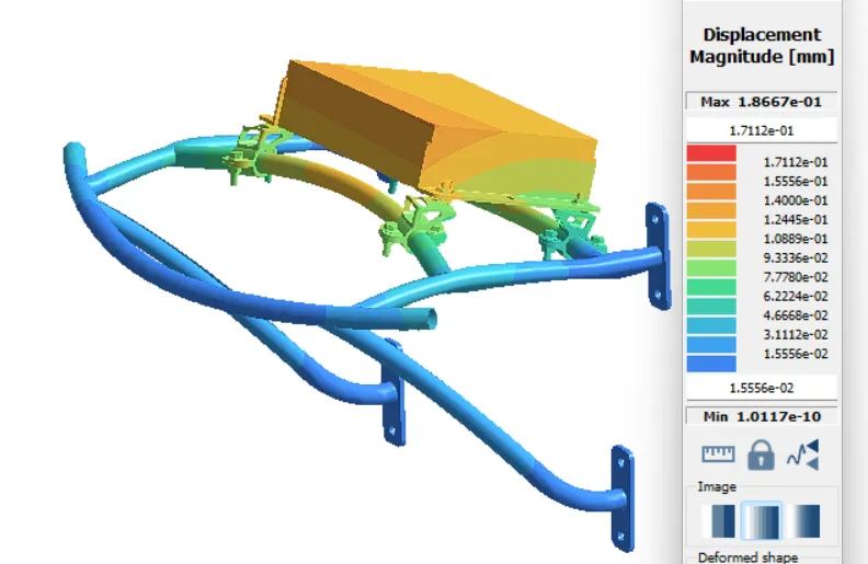 SimSolid displacement field under the 5G frontal-impact case (peak 0.18 mm).
