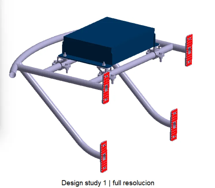 SimSolid full-assembly model of the bracket and rectifier under the 5G frontal-impact load case.