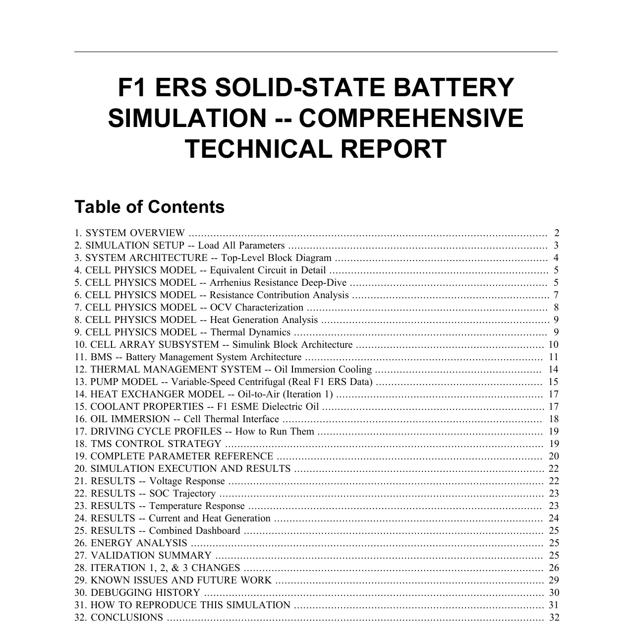Table of contents of the auto-generated SSB_Detailed_Report.pdf — 32 numbered sections covering system overview, simulation setup, architecture, cell physics, thermal management, BMS, simulation execution and results, plus iterations, validation, debugging history and conclusions.