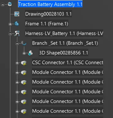 Electrical geometry tree built in 3DX for the BMS harness — the hierarchical structure that the routing step consumes.